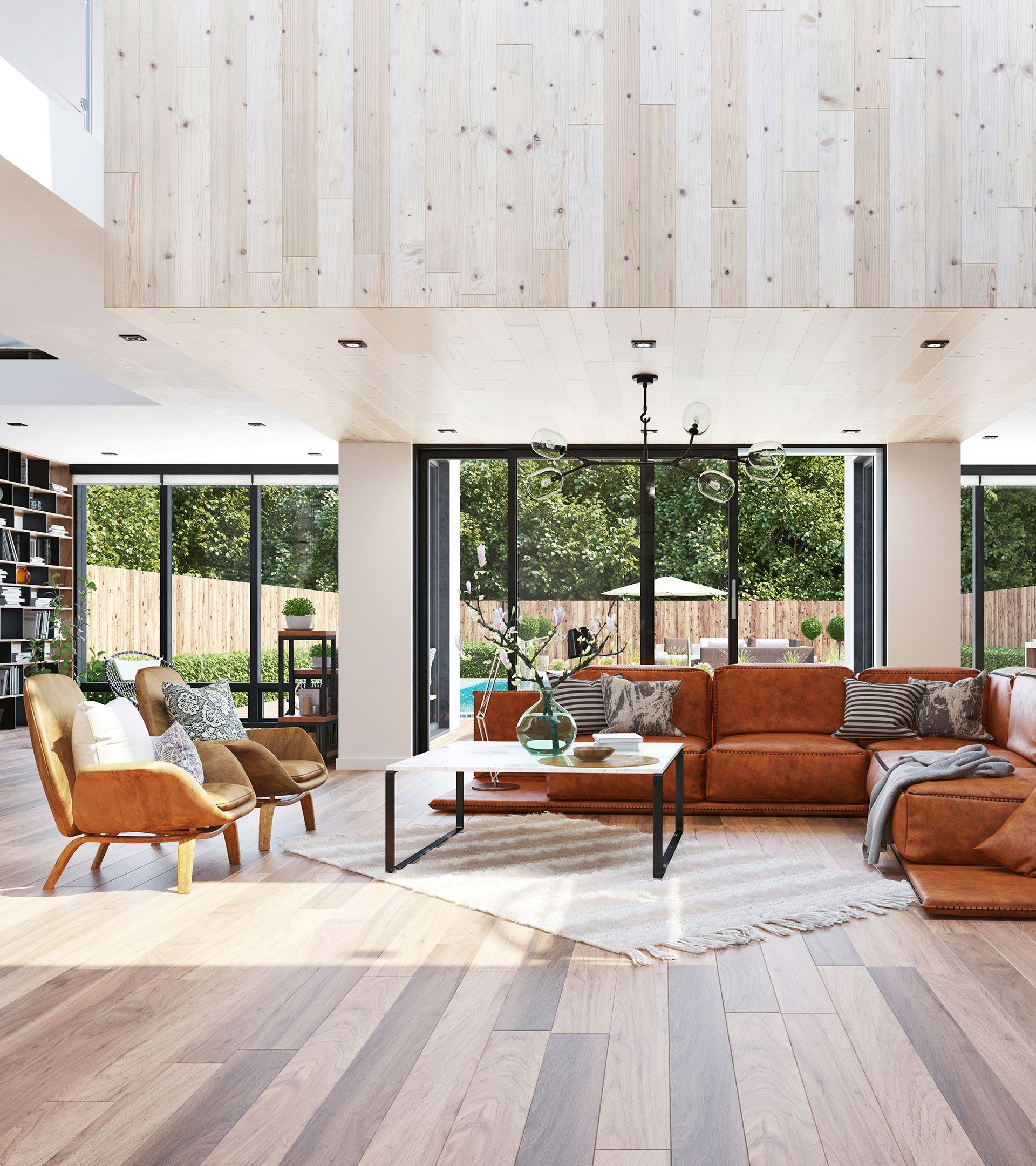 Interior of a modern home with a light wood floor and large windows